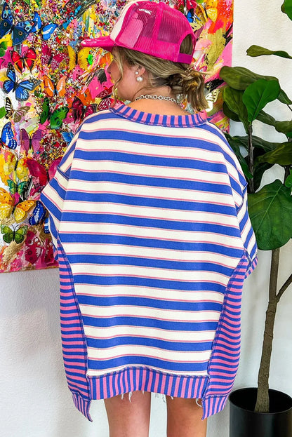 Blue Stripe Patchwork Exposed Seam Drop Shoulder Oversized Top