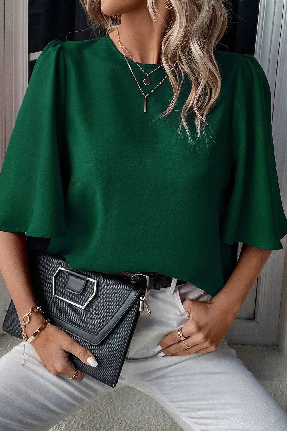 Blackish Green Solid Color Satin Keyhole Back Wide Sleeve Blouse