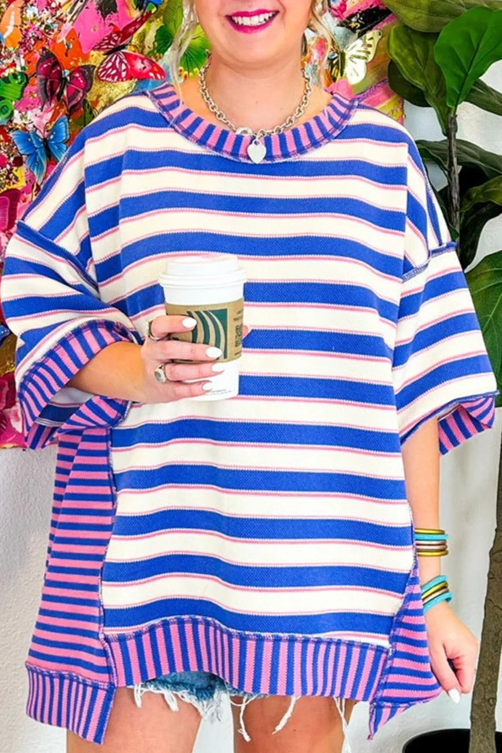 Blue Stripe Patchwork Exposed Seam Drop Shoulder Oversized Top