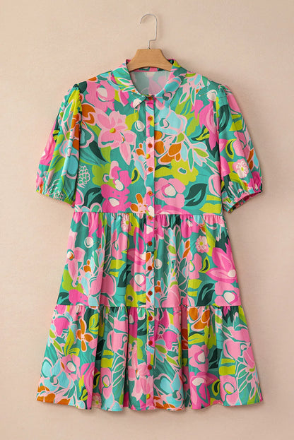 Green Floral Puff Sleeve Collar Buttoned Babydoll Dress