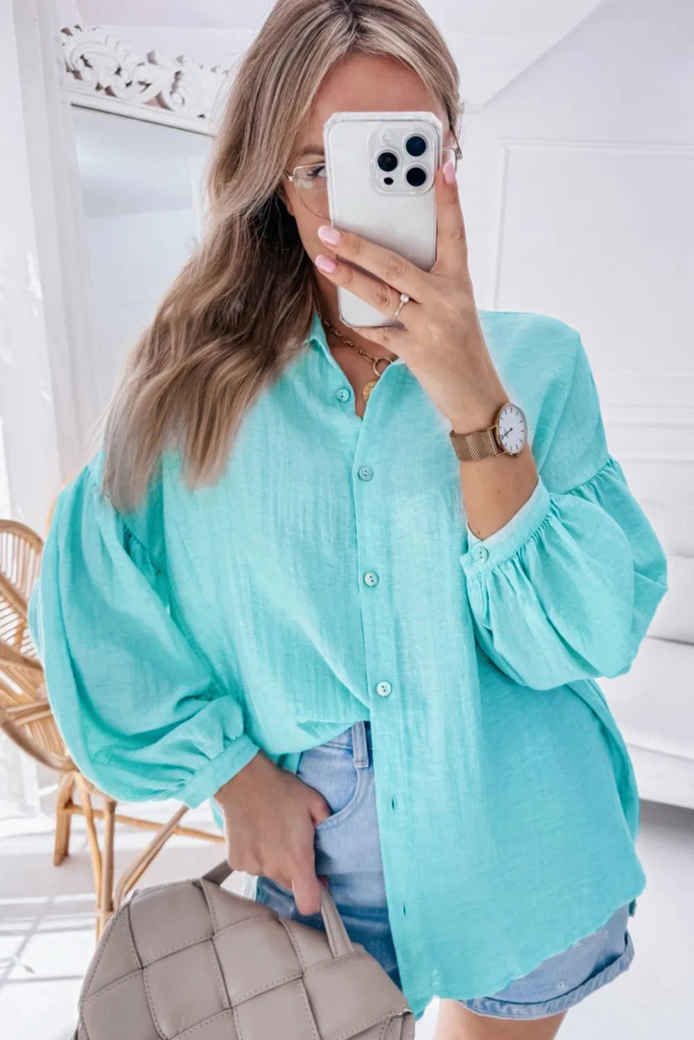 Iceland Blue Solid Puff Sleeve Loose Fit Buttoned Shirt