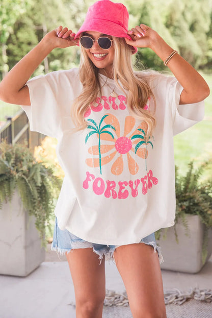 White SUMMER FOREVER Flower Graphic T Shirt